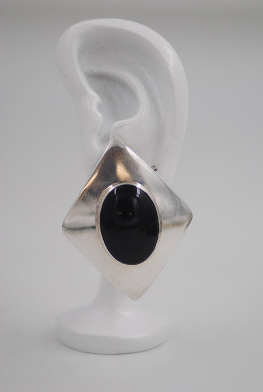 Vintage Sterling Silver Modernist Onyx Clip Earrings